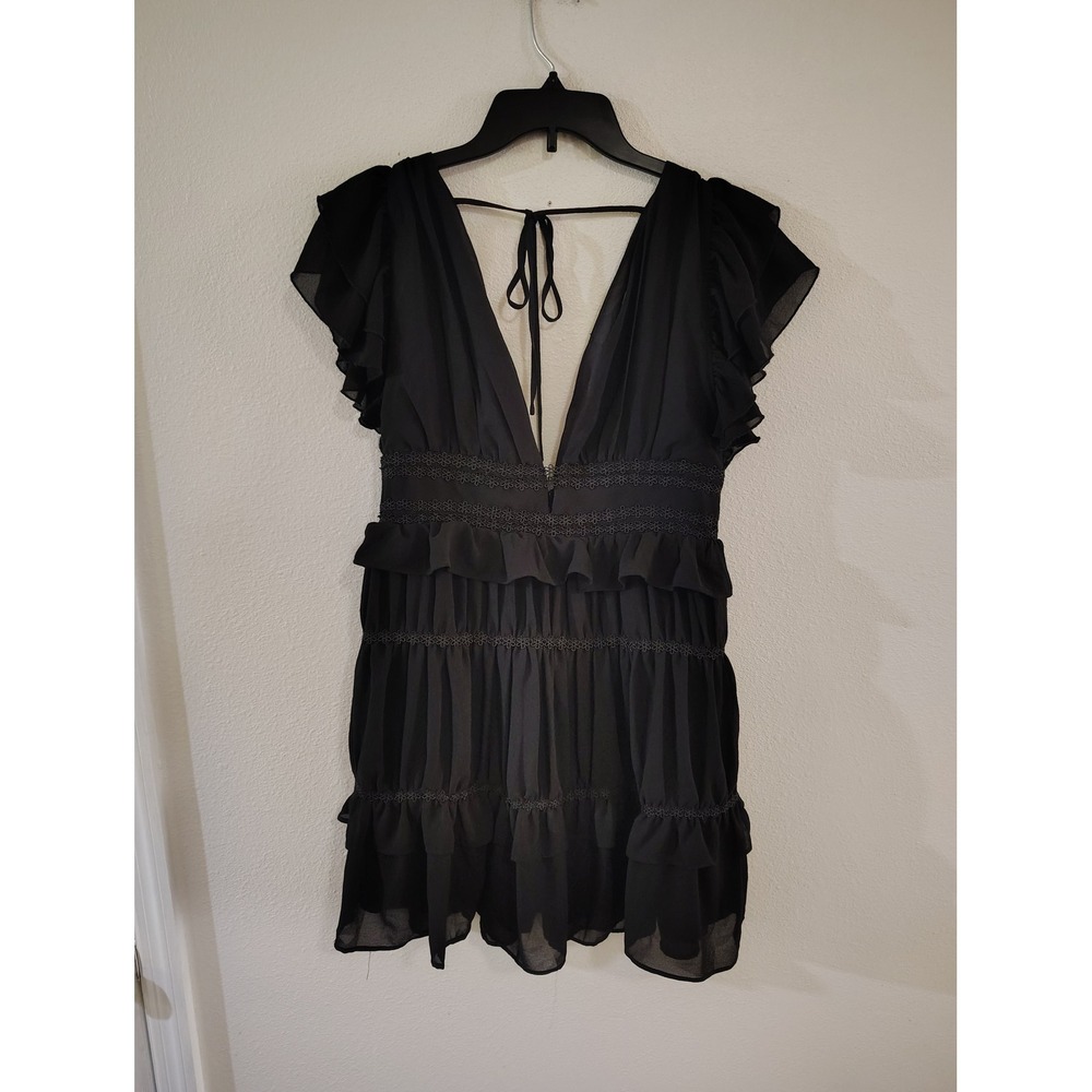 Mable Black Tiered Ruffle Mini Dress Lace Trim Deep V-Neck Flutter Sleeve Medium